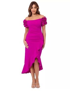 Xscape Fuchsia Off-Shoulder Ruffle Sleeve Midi Dress